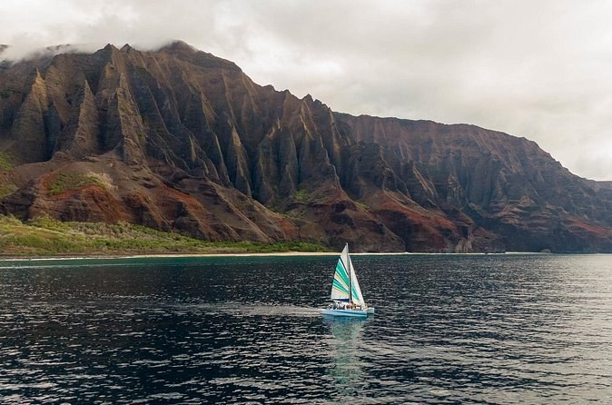 A small sailing catamaran below fluted green sea cliffs